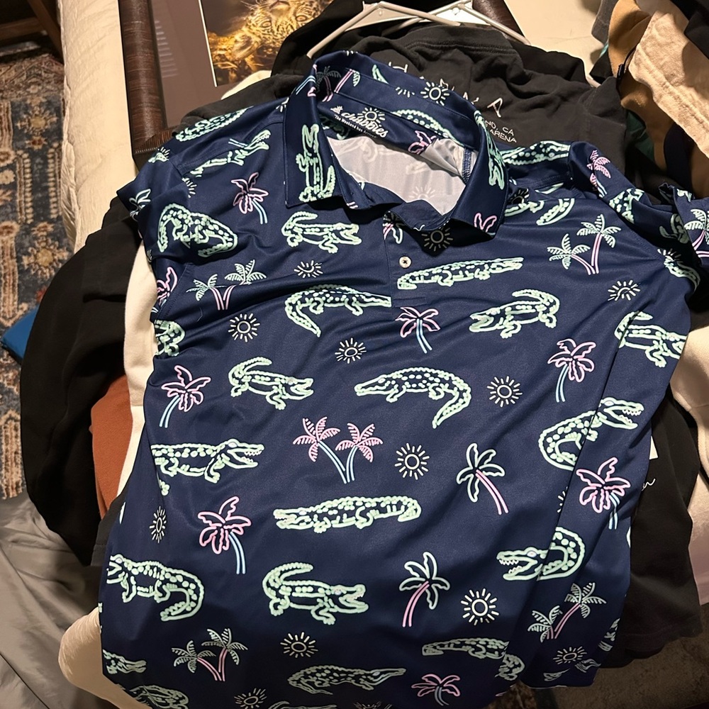 Chubbies Golf Navy Polo Shirt with Alligator and Palm Tree Print